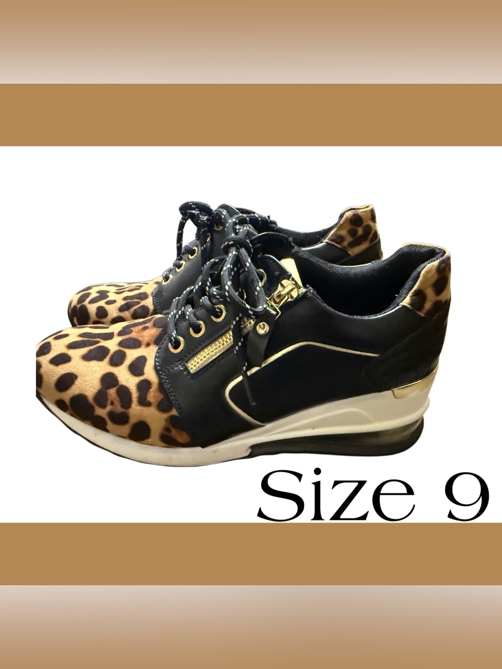 ⭐️ Ninety Union Ultra Leopard Wedge Sneakers Gold Zip Glam Shoes 🐆